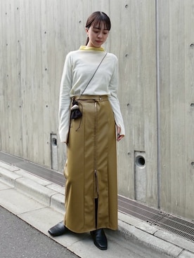 「sahara（サハラ）のBelt Design Zip Skirt/ベルトデザインジップスカート（スカート、ブラウン系）」を使った、MARTEさん（レディース・157cm）の春コーディネート