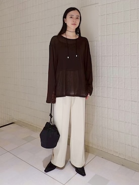 「sahara（サハラ）のSide Lace Over Top/サイドレースオーバーサイズトップス（Tシャツ/カットソー、ブラウン系）」を使った、MARTEさん（レディース・158cm）の夏コーディネート