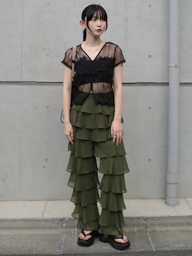 「sahara（サハラ）のPanel Lace Tulle Top（その他トップス、ブラック系）」を使った、MARTEさん（レディース・160cm）の夏コーディネート