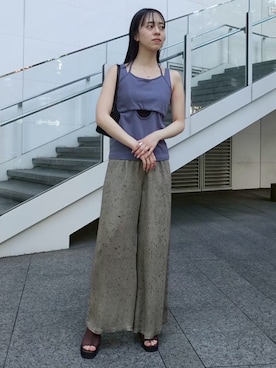 「sahara（サハラ）のLayered Design Sleeveless Top/レイヤードデザインスリーブレストップ（タンクトップ、ブルー系）」を使った、MARTEさん（レディース・158cm）の夏コーディネート