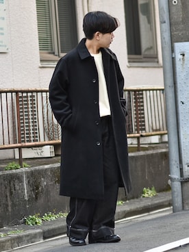 「Confirm（コンファーム）のアイテム（ステンカラーコート）」を使った、かやさん（メンズ・170cm）の冬コーディネート