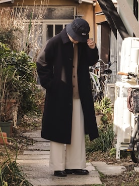 「Confirm（コンファーム）のアイテム（ステンカラーコート）」を使った、かやさん（メンズ・170cm）の冬コーディネート