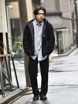 「MASONPRINCE（メイソンプリンス）の9カラー TR素材タックスラックス SK1808 【MASONPRINCE】（スラックス）」を使った、かやさん（メンズ・170cm）の冬コーディネート