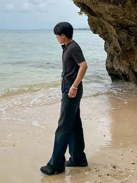 「DNSR（ディーエヌエスアール）のリブヘンリーネックハーフスリーブチャコール（Tシャツ/カットソー、その他）」を使った、かやさん（メンズ・168cm）の春コーディネート