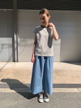 「FORK&SPOON（フォークアンドスプーン）のFORK&SPOON　綿麻デニムスカート（スカート、ブルー系）」を使った、masayooさん（レディース・167cm）の夏コーディネート