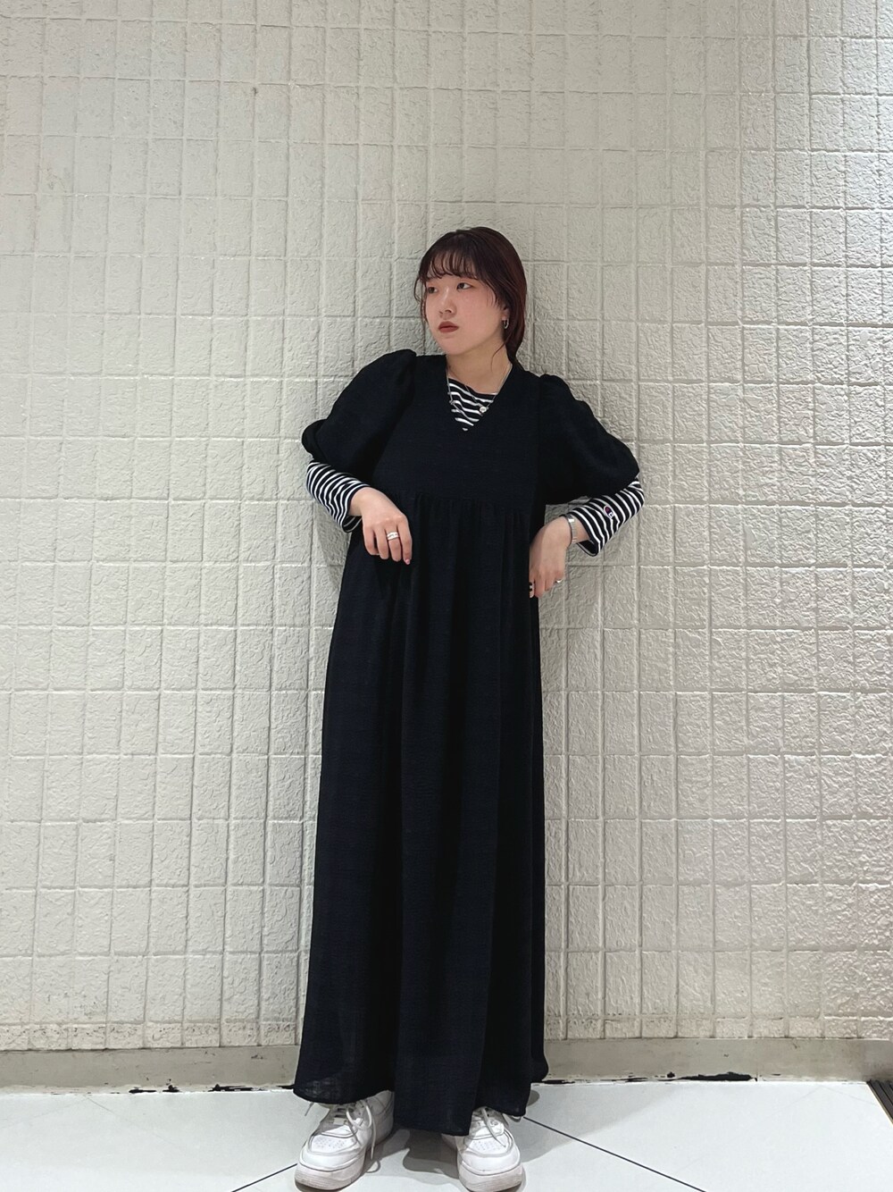 「KBF、kbf_ootd、ワンピース、パフスリーブ、ボーダー」｜「KBFのバックリボンパフスリーブワンピース（ワンピース、ブラック系）」を使った、sasaさん（レディース・153cm）の春コーディネートの1枚目の写真