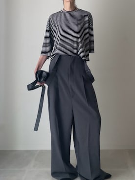 「HANNE（アン）のハーフスリーブボーダーTEE（Tシャツ/カットソー、ブラック系）」を使った、B.さん（レディース・167cm）の夏コーディネート