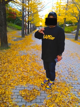 「アイテム（スニーカー、イエロー系）」を使った、factさん（メンズ・173cm）の秋コーディネート