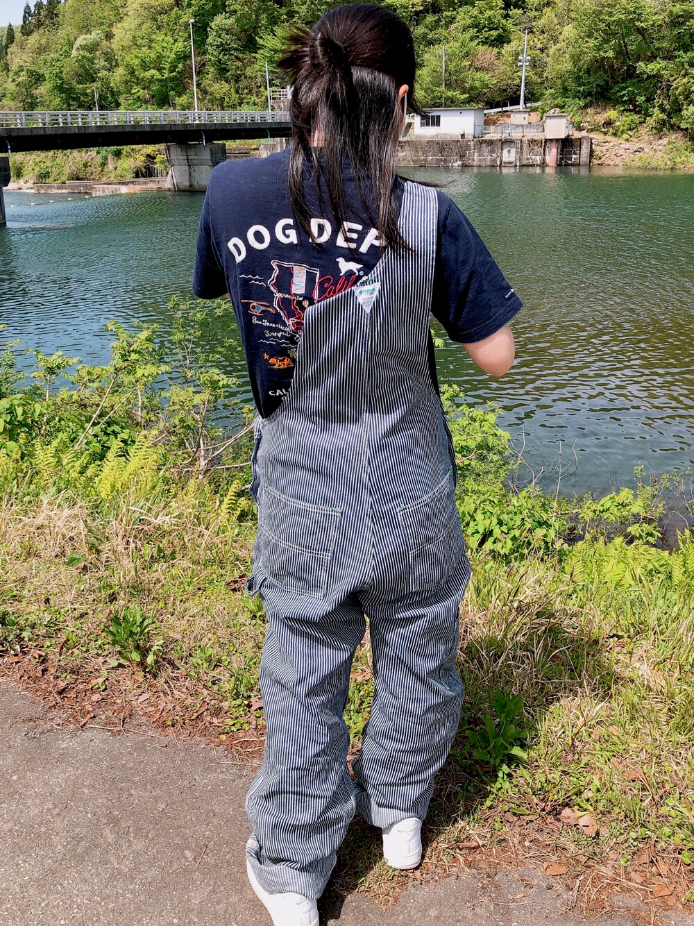 「お出かけコーデ、初夏コーデ、dogdept、OSHKOSH、NIKE、オーバーオール、AIR FORCE 1、低身長、ストライプ、オトナカジュアル、大人女子」｜「NIKEのナイキ エア フォース 1 シャドウ ウィメンズシューズ / Nike Air Force 1 Shadow Women's Shoes CI0919-100 White（スニーカー、ホワイト系）」を使った、みさん（レディース・157cm）の春コーディネートの1枚目の写真