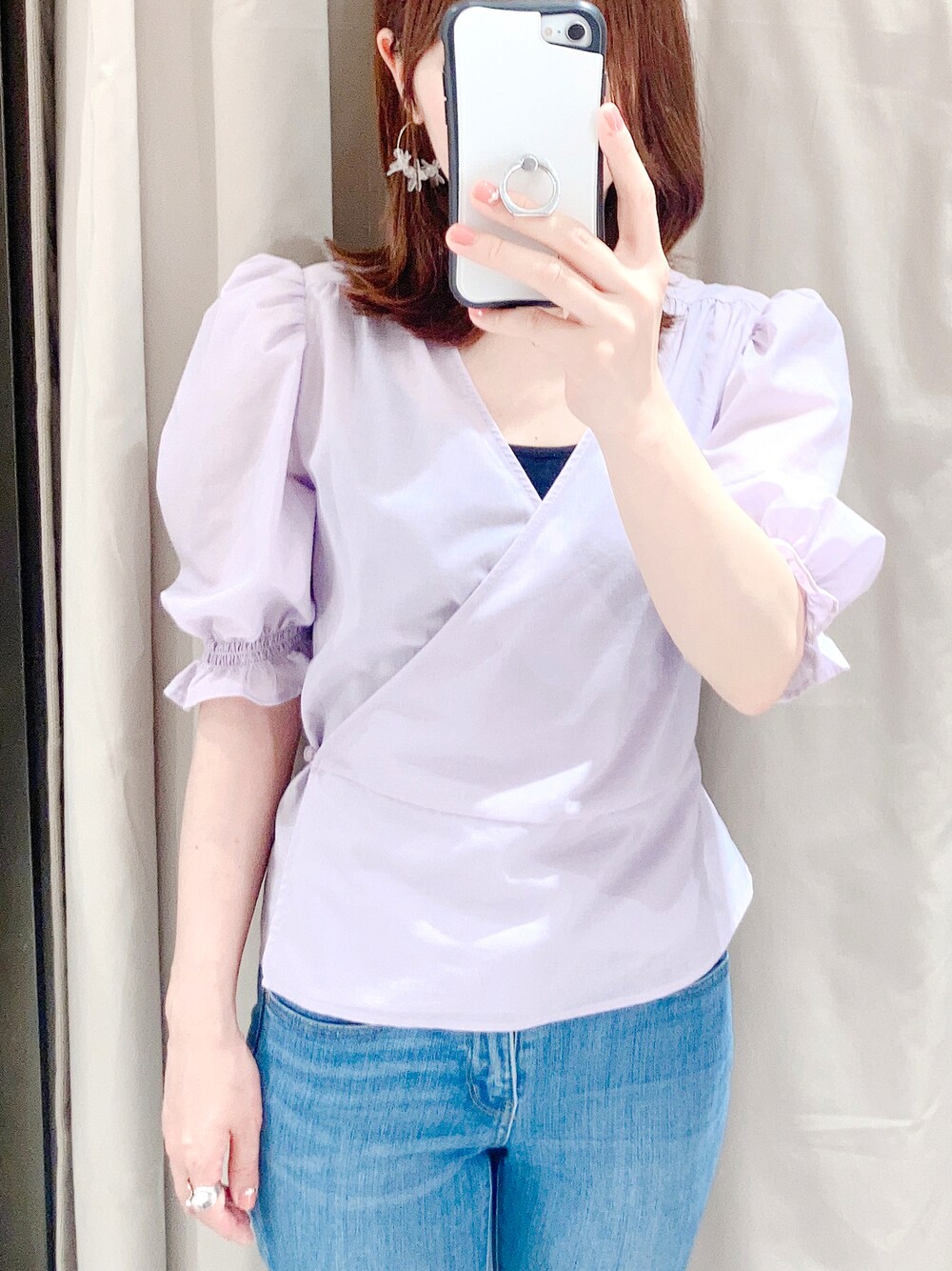 「GUのアイテム（シャツ/ブラウス、パープル系）」を使った、Cさん（レディース・154cm）の夏コーディネートの1枚目の写真