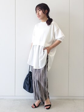 「ストライプパンツ」｜「アイテム（チュニック）」を使った、manaCAさん（レディース・151cm）の春コーディネート