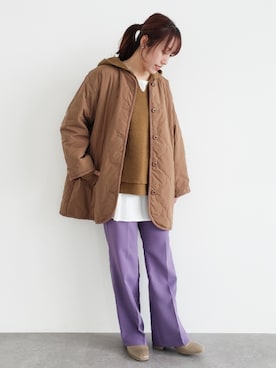 「ニットパーカー」｜「アイテム（ノーカラージャケット）」を使った、manaCAさん（レディース・151cm）の秋コーディネート
