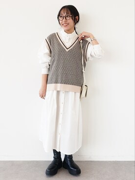「ジャガード」｜「アイテム（シャツワンピース）」を使った、manaCAさん（レディース・151cm）の冬コーディネート