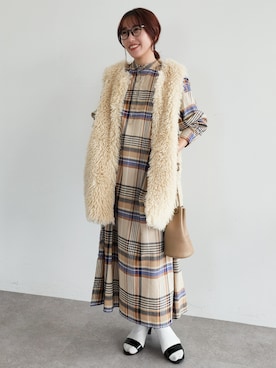 「チェックワンピース」｜「アイテム（シャツワンピース）」を使った、manaCAさん（レディース・151cm）の秋コーディネート