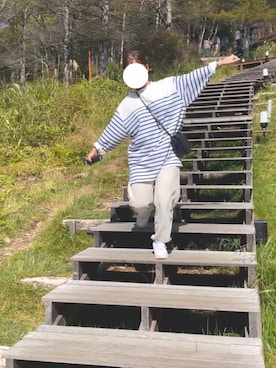 「Ungrid（アングリッド）のプリントボーダーロングスリーブTee（Tシャツ/カットソー、ブルー系）」を使った、あんさん（レディース・154cm）の秋コーディネート