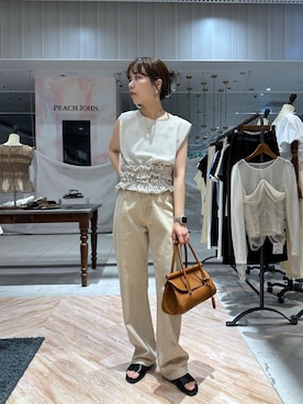 「CAPRICIEUX LE'MAGE（カプリシューレマージュ）のボーダー裾ギャザーT（Tシャツ/カットソー、ホワイト系）」を使った、yuppy_lemage🍊さん（レディース・160cm）の夏コーディネート