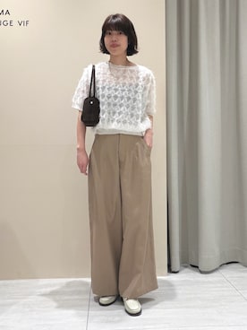 「Rouge vif Anna（ルージュヴィフアンナ）のドットシアーフリンジニット（ニット/セーター、ホワイト系）」を使った、SAYAKAさん（レディース・165cm）の春コーディネート