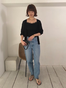 「EMMA　ROUGE VIF（エマルージュヴィフ）の【一部店舗限定】レースキャミ付きニットアンサンブル/カーディガン/２点セット/手洗い可能（ニット/セーター、ブラック系）」を使った、SAYAKAさん（レディース・165cm）の春コーディネート