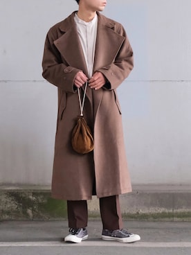 「巾着バッグ」｜「アイテム（チェスターコート）」を使った、ざっきーさん（メンズ・178cm）の秋コーディネート