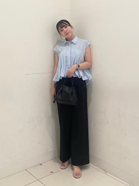 「SENSE OF PLACE by URBAN RESEARCH（センスオブプレイスバイアーバンリサーチ）の『イージーケア』フレンチスリーブバルーンシャツ（シャツ/ブラウス、ブルー系）」を使った、nanaさん（レディース・162cm）の夏コーディネート