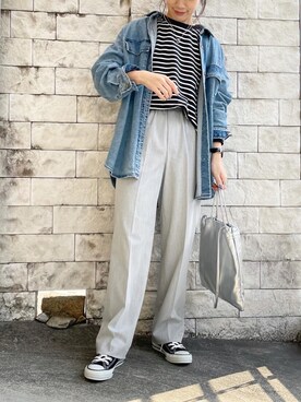 「reca（レカ）のサイドスリットボーダートップス（Tシャツ/カットソー）」を使った、noriさん（レディース・159cm）の冬コーディネート