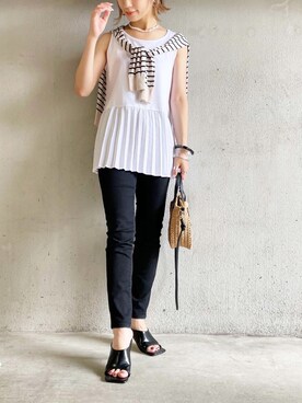 「UNIQLO（ユニクロ）のハイライズシガレットジーンズ（デニムパンツ）」を使った、noriさん（レディース・159cm）の夏コーディネート
