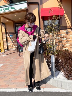 「reca（レカ）のサイドスリットボーダートップス（Tシャツ/カットソー）」を使った、noriさん（レディース・159cm）の冬コーディネート
