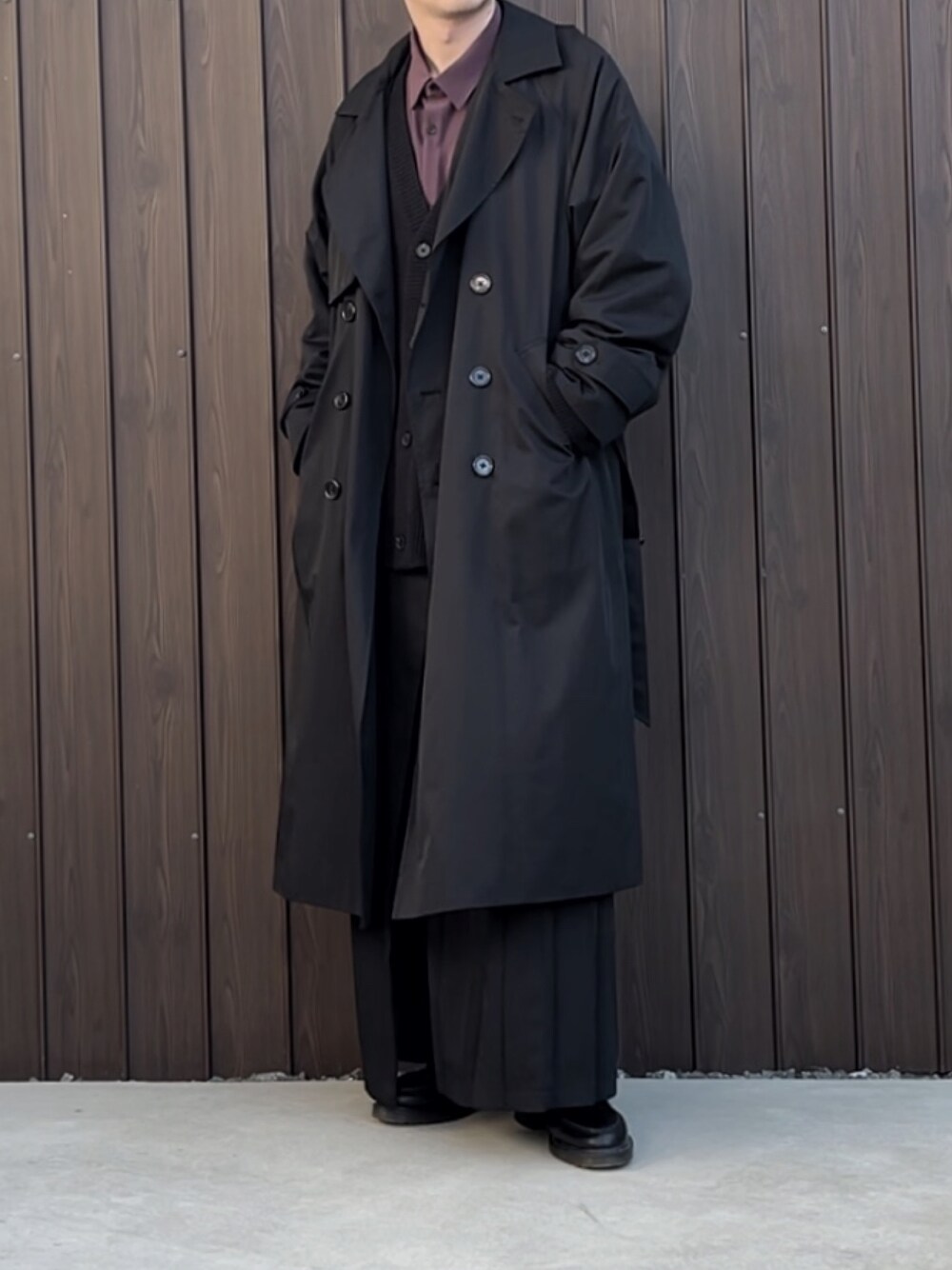 ロングコート 袴パンツ ステンカラーコートを使った「袴パンツ」の人気ファッション