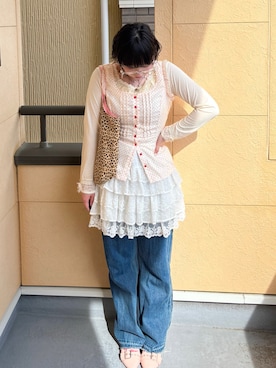 「古着のアイテム（トップス、ホワイト系）」を使った、yuuaさん（レディース・159cm）の春コーディネート