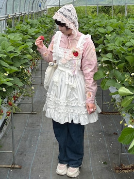 「merry jenny（メリージェニー）のflowerレースボンネット（付け襟、ピンク系）」を使った、yuuaさん（レディース・159cm）の春コーディネート