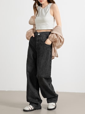 「DAY CLOSET（デイ クローゼット）の【大きいサイズ有】レイヤード風 マニッシュ ストレート デニムパンツ レディース（デニムパンツ、ブラック系）」を使った、TeddyShopさん（レディース・158cm）の夏コーディネート