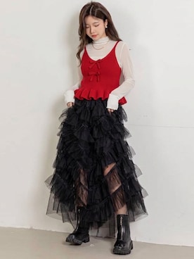 「DAY CLOSET（デイ クローゼット）のレディース ティアードフリルチュールスカート（スカート、ブラック系）」を使った、TeddyShopさん（レディース・158cm）の秋コーディネート
