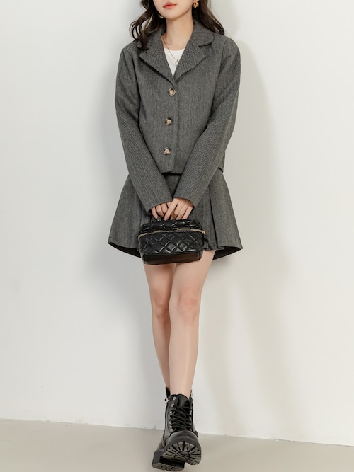 セットアップ】長袖韓国っぽシェブロン柄ジャケット+ショートスカート