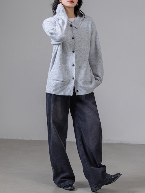 セール】2WAYで着こなせる。長袖リブニット襟付きカーディガン