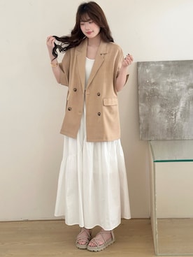 「DAY CLOSET（デイ クローゼット）の【ナチュ可愛いリネンライク仕様】半袖 ダブルボタン テーラードジャケット レディース（テーラードジャケット、ベージュ系）」を使った、TeddyShopさん（レディース・158cm）の秋コーディネート