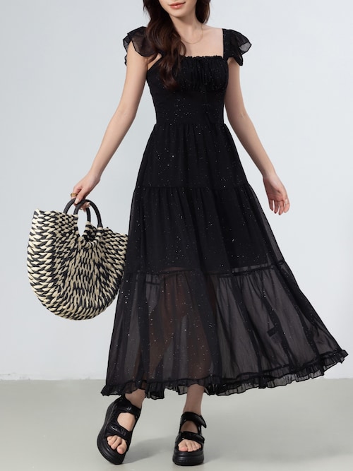 Ballsey バックリボンフレアロングワンピース 黒 34 S相当 美品✨Ballsey バックリボンフレアロングワンピース 黒 34 S相当