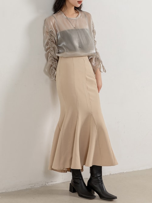 レディース 長袖シャーリング艶感シアートップス