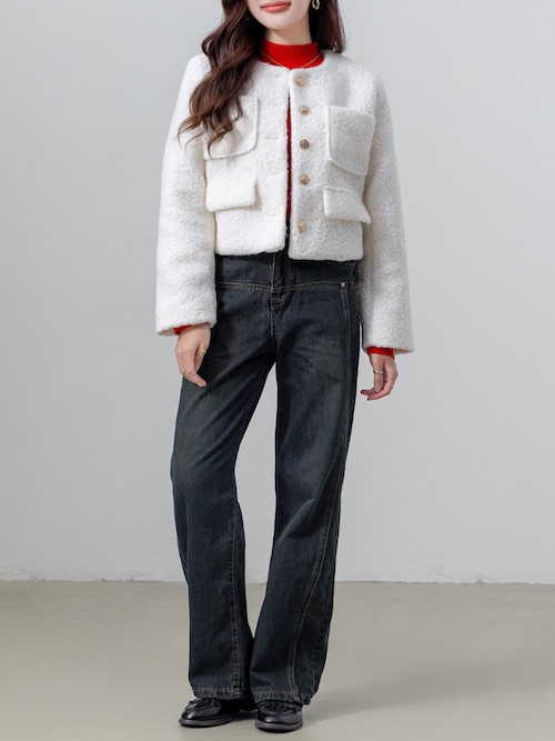 クロップド丈】金釦に熱視線。長袖ツイード風ノーカラーボアジャケット
