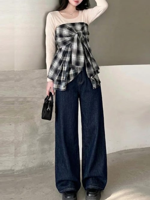 【2WAY/羽織ったり巻いたり】長袖グラデーションチェック柄オーバーサイズ×ドロップショルダーシャツ レディース