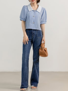 「DAY CLOSET（デイ クローゼット）のレディース 半袖パフスリステンカラーエンボス加工ブラウス（シャツ/ブラウス、ブルー系）」を使った、TeddyShopさん（レディース・158cm）の夏コーディネート