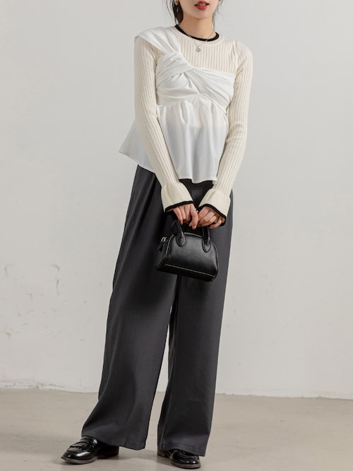 【オールシーズン即戦力/シボ加工風/肩紐アシメ/ウエスト切替】ふんわり ボリューム バックシャーリング キャミソール ビスチェ レディース