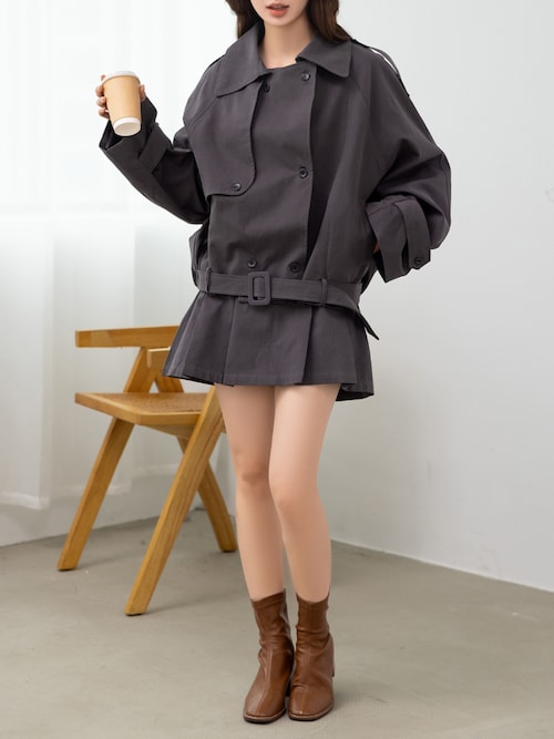 韓国セット セール】【韓国っぽセットアップ/バックゴム】長袖トレンチ風オーバー
