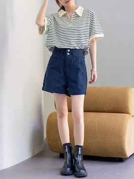 「DAY CLOSET（デイ クローゼット）のレディース ゆる可愛いオーバーサイズ。半袖ボーダー柄ハーフジップポロシャツ（Tシャツ/カットソー、ブルー系）」を使った、TeddyShopさん（レディース・158cm）の夏コーディネート