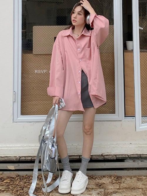 【前後アシメヘム】長袖 レギュラーカラー ボックスプリーツ オーバーサイズ シャツ レディース