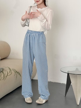 「DAY CLOSET（デイ クローゼット）の【ほんのり凹凸感】韓国っぽギンガムチェック柄イージールームパンツ レディース（ルームウェア/パジャマ、ブルー系）」を使った、TeddyShopさん（レディース・158cm）の夏コーディネート