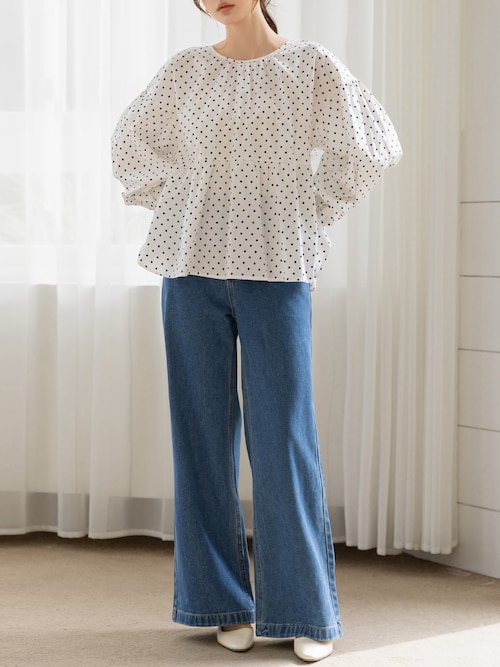 【バックリボンで360度きれい魅せ】長袖コットンブロードスモックペプラムブラウス レディース