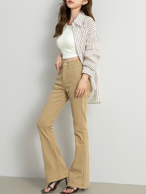 レディース 美シルエットフレアハイウエストデニムパンツ ブーツカット ストレッチ