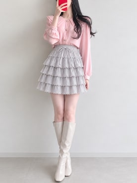「DAY CLOSET（デイ クローゼット）のレディース ハートとパール調ボタンのダブルビッグカラーブラウス（シャツ/ブラウス、ピンク系）」を使った、TeddyShopさん（レディース・158cm）の秋コーディネート
