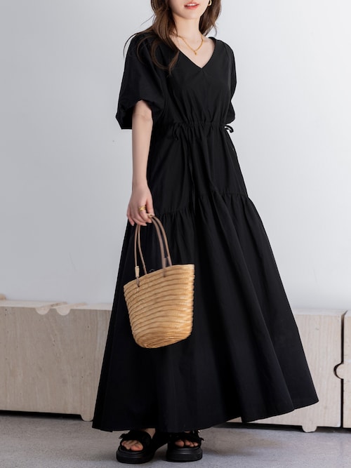 レディース ぽわん袖ウエストギャザーティアードロングワンピース