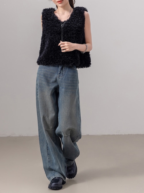 ショート丈/裏地付き/Vネックで小顔魅せ】モコモコプードルファー